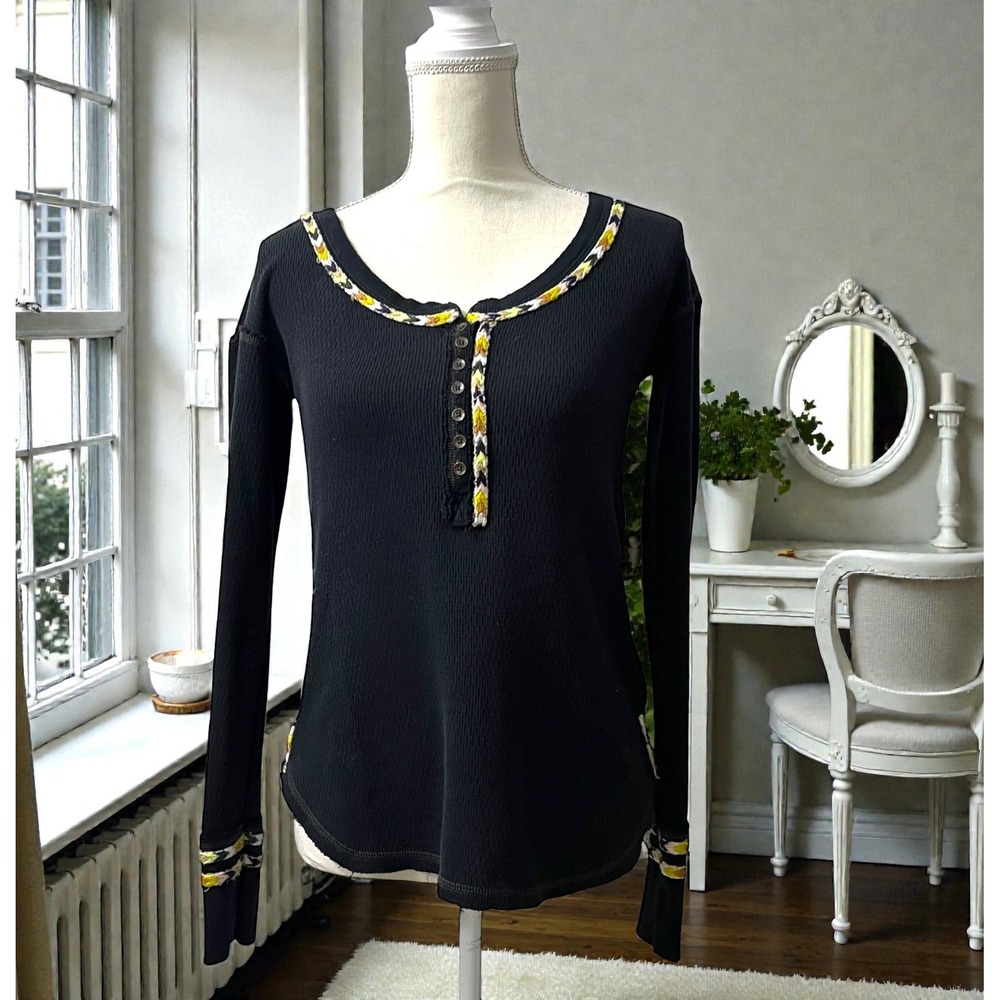 Free People Black Thermal Long Sleeve Henley Shirt Embellished Neckline Cuffs XS